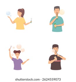 Set of four illustrations featuring individuals enjoying blowing soap bubbles