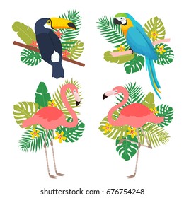 set of four illustrations of flamingos, parrot and toucan with tropical leaves on white background. can be used for cards, invitations, prints