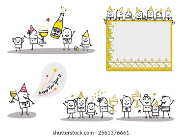 Set of four illustrations - Hand drawn cartoon stick characters celebrating New Year's Eve with champagne and funny hats