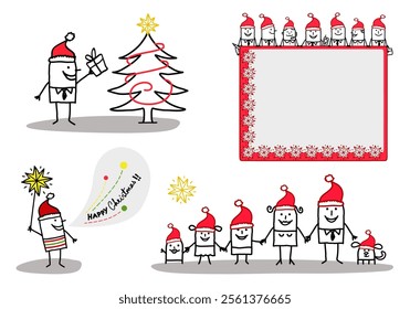 Set of four illustrations - Hand drawn cartoon stick characters celebrating Christmas with Santa red hats, Christmas tree and golden stars -