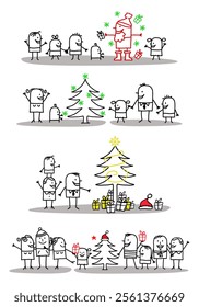 Set of four illustrations - Hand drawn cartoon stick characters celebrating Christmas with Santa, Christmas tree and gifts -