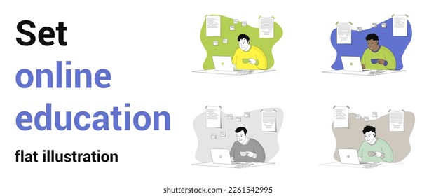 A set of four illustrations on the theme of online education. Illustrations in different colors with the character of a man at the computer. Freelance, study online, work at the computer.