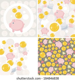 Set of four illustrations with saving pig. Vector pattern.