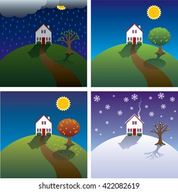 Set of four illustrations of the seasons - spring, summer, fall, autumn, winter with house