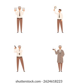 Set of four illustrations showcasing a cartoon detective in various poses with investigative tools