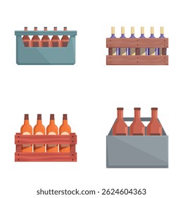 Set of four illustrations showing different designs of beer bottles in wooden and plastic crates