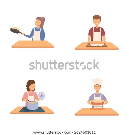 Set of four illustrations showing diverse people cooking various dishes at home