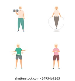 Set of four illustrations showing an elderly person performing different exercises