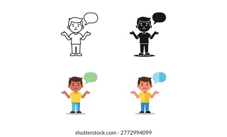 A set of four illustrations showing a young boy shrugging with a confused expression, accompanied by different speech and thought bubbles, ideal for themes of doubt or misunderstanding.