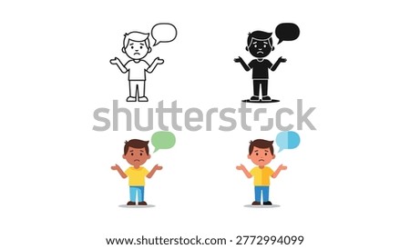 A set of four illustrations showing a young boy shrugging with a confused expression, accompanied by different speech and thought bubbles, ideal for themes of doubt or misunderstanding.