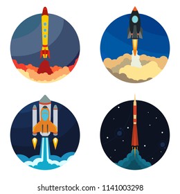 Set of four illustrations with space rocket ship launch. Vector illustration.