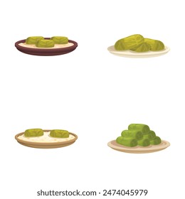 Set of four illustrations of stuffed cabbage rolls served on plates with different presentations