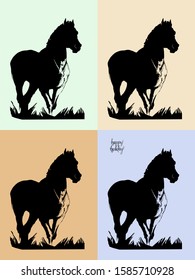 set of four images , black vector isolated horse silhouette on colored background and inscription " happy holiday"