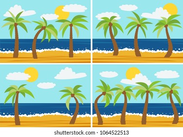 Set of four images with cartoon nature landscapes with palms in the summer beach. Vector illustration.
