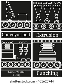 a set of four images of food production machines. Black silhouette on a white background. The background for the logo of the plant producing candy. Vector Illustration