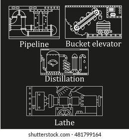 a set of four images of industrial technological apparatus. Only a stroke. White outline on black background. Logo, poster, background for an industrial company. Vector Illustration