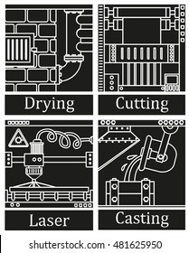 a set of four images of technological manufactures chemical or heavy industry. Black silhouette on a white background. Vector Illustration