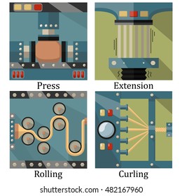 a set of four images of technological processes: pressing, twisting, rolling, stretching