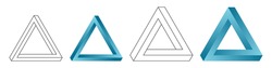 Set of four impossible triangles. Eternal figures. Penrose optical illusion. Abstract infinite color geometric objects. Isolated on white background. Eendless triangular shape. Vector illustration.