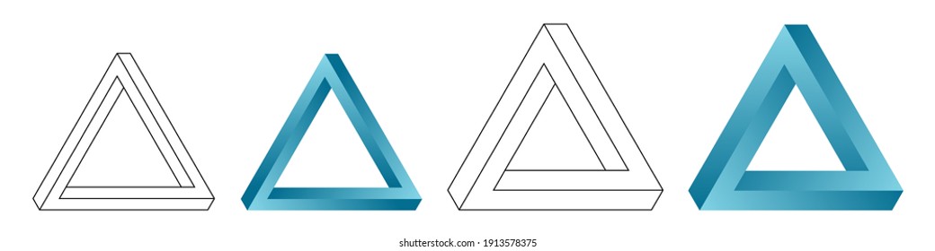 Set of four impossible triangles. Eternal figures. Penrose optical illusion. Abstract infinite color geometric objects. Isolated on white background. Eendless triangular shape. Vector illustration.