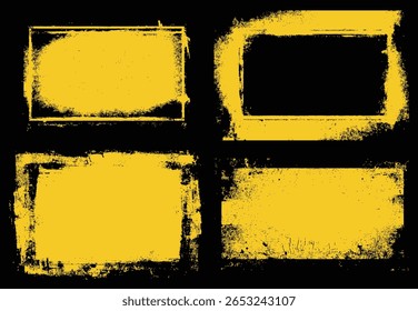 Conjunto de quatro bordas industriais do vetor grunge. As cores amarela e preta e as texturas intemperradas evocam sinais de perigo ou decadência urbana. Perfeito para criar pôsteres e folhetos ousados e de alto impacto.