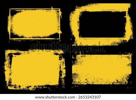 Set of four industrial grunge vector borders. The bold yellow and black colors and weathered textures evoke hazard signs or urban decay. Perfect for creating edgy, high-impact posters and flyers.