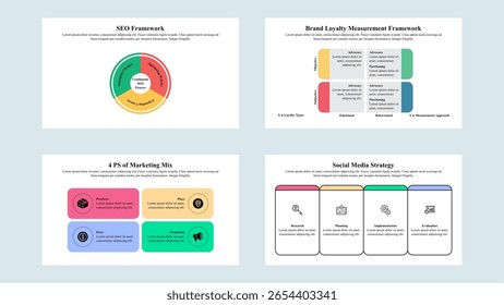 Un conjunto de cuatro Plantillas de presentación de infografía sobre el marco de marketing y crecimiento.