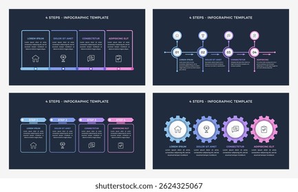Conjunto de quatro modelos infográficos com quatro etapas, slides de apresentação, fundo escuro, vetor eps10 ilustração