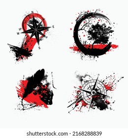 Set of four ink blots black and red tattoo designs. Different grunge elements