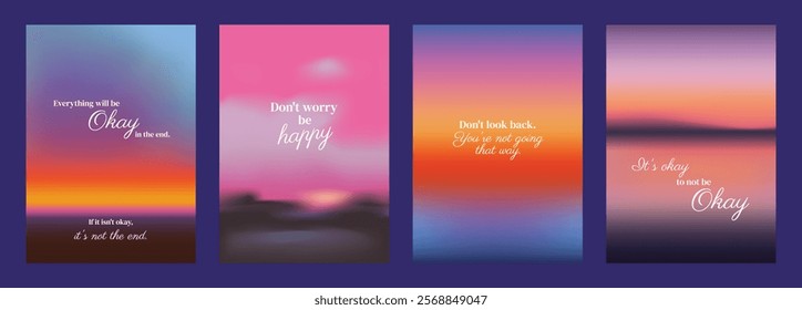 Set of four inspirational posters with colorful and motivational quotes. Vibrant colors and uplifting messages for positivity and encouragement. Pink sky positivity quote poster template vectors.