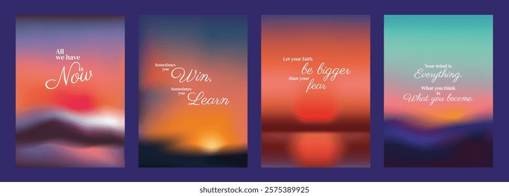 Set of four inspirational posters with motivational quotes. Vibrant gradient backgrounds enhance the motivational quotes, an inspiring atmosphere. Pink sky positivity quote poster template vectors.