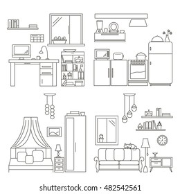 Set of Four Interior Design in Thin Line Style. Collection include workspace, kitchen, bedroom, living room. Flat vector illustration. 