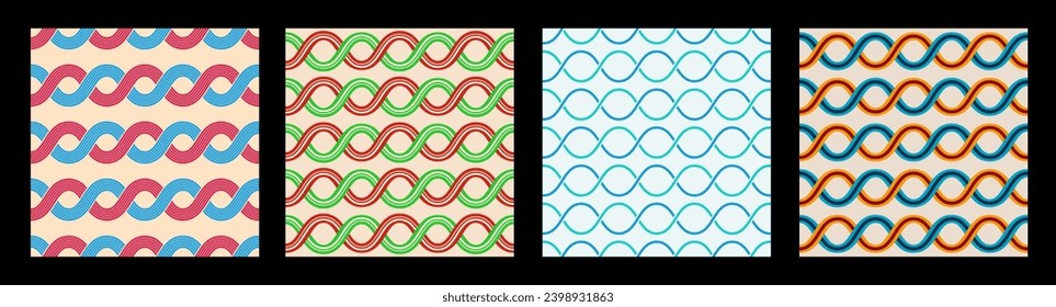 Set of four interlacing wavy lines seamless vector patterns. Modern stylish geometric backgrounds. Color vector patterns. Interwoven color wavy lines, stripes.