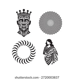 A set of four intricate black and white graphic design elements featuring a king figure and abstract circular patterns