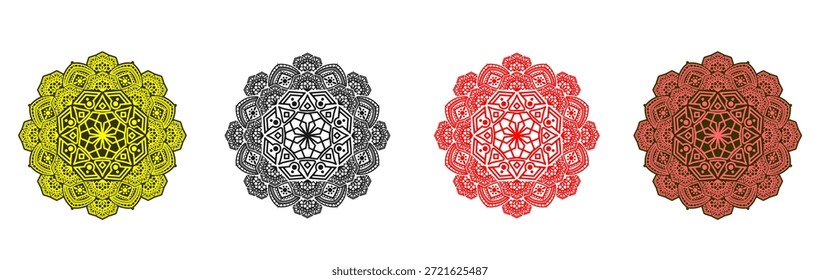 Conjunto de cuatro intrincados diseños circulares de mandala en vibrantes colores amarillo, gris, rosa y marrón, perfectos para el arte digital decorativo.
