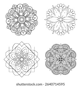 Set of four intricate floral mandala designs in black and white for coloring purposes