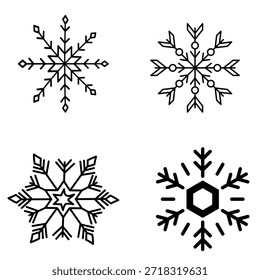 Conjunto de cuatro intrincados Elementos geométricos del copo de nieve en el arte de la línea negra Profesional EPS Vector para los temas de Clima de invierno, invitaciones de vacaciones, e ilustraciones de patrones estacionales.