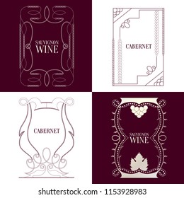 Set of four intricate wine bottle labels with ornamental border decoration brushes and hand drawn details