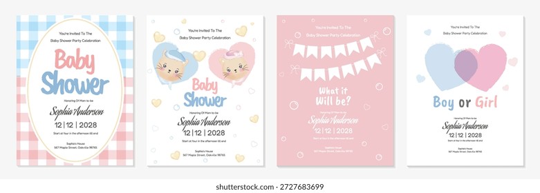 Eine Reihe von vier Einladungskarten-Vorlagen für Baby Shower und Gender Reveal. Nettes Pastelldesign mit Herzen und Kätzchen für einen Jungen oder ein Mädchen. Vektorgrafiken zum Drucken.