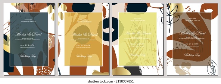 Un conjunto de cuatro plantillas de invitación con formas abstractas, florales, salpicaduras de oro, marrón, tonos de tierra, aptas para bodas, cumpleaños y otras ocasiones especiales. Plantilla de vectores.