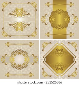 Set of four invitations. All invitations have seamless wallpaper in pastel colors. Vintage frames and decoration in a gold. Place for text. Original style    