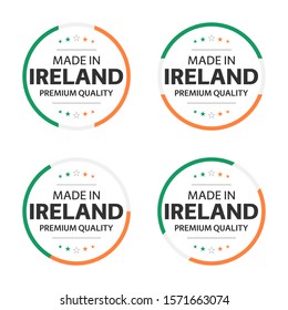 Set of four Irish icons, English title Made in Ireland, premium quality stickers and symbols, internation labels with stars, simple vector illustration isolated on white background