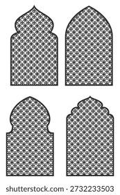 Conjunto de cuatro marcos de ventana de arco árabe islámico con patrón geométrico de celosía circular, diseño de Vector de silueta negra minimalista para Ramadán y Eid Mubarak.