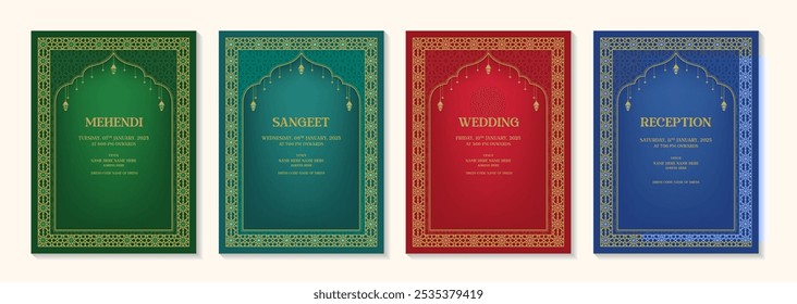 Set of four Islamic-themed wedding invitation cards for Mehendi, Sangeet, Wedding, and Reception, each with gold pattern borders and distinct green, teal, red, and blue backgrounds.