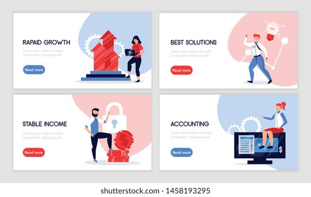 Set of four isolated accounting horizontal banners with doodle style images text and read more button vector illustration