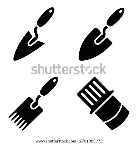 Set of four isolated black silhouette gardening tools on white background