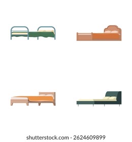 Set of four isolated cartoonstyle beds with different designs on a white background