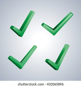 Set of four isolated check marks with 3D effect, the sign performed, tested, positive response, vector illustration.