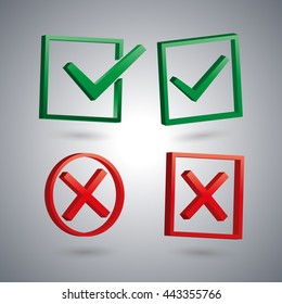 Set of four isolated check marks with 3D effect, the sign performed, tested, rejected, positive and negative response, vector illustration.