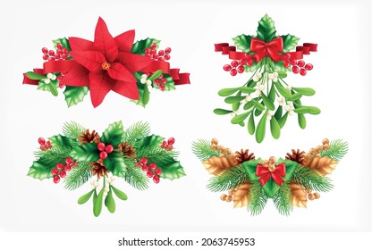 Set of four isolated christmas decorations plants design compositions with realistic images of bows and ribbons vector illustration